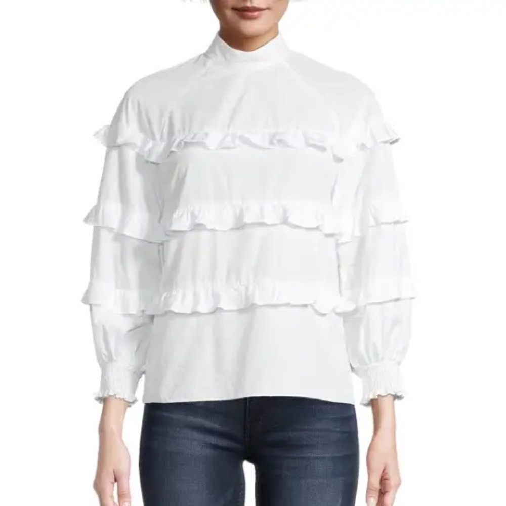 Nicole Miller Cotton Poplin Mock-Neck Ruffle Blouse, NWT, Size Small, Ivory